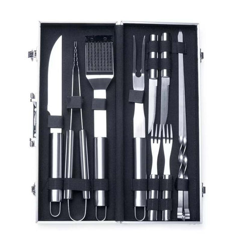 Kit Churrasco 10 Peças Espetos Talheres Inox Maleta Alumínio