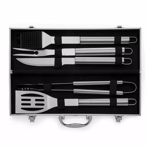 Kit Churrasco 5 Peças Maleta Alumínio Talheres Inox Presente